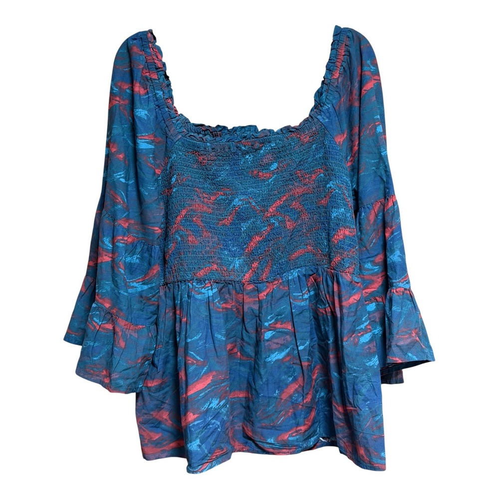 Terra & Sky Womens 1X Smocked Top Blue Red Abstract Bell Sleeve Square Neck NWT